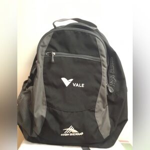 High Sierra Black Curve Backpack with company name Vale NWOT